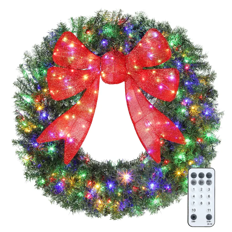 48in Pre-Lit Christmas Wreath with 3D Red Bow, 11 Lighting Modes, Front Door Christmas Wreath with Remote