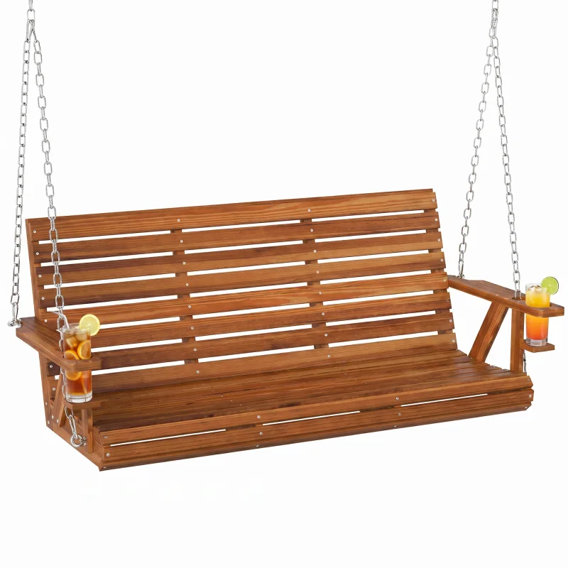 3-Seater Swing Bench, Wooden Porch Swing with Cupholders, Hanging Chains for Patio Garden, Carbonized