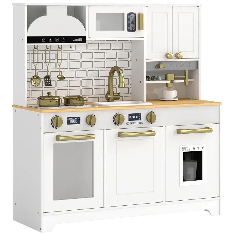 Qaba Play Kitchen, Kids Kitchen Playset with Coffee Maker, Ice Maker, Clicking Knobs, Storage, Accessories for 3-8 Years