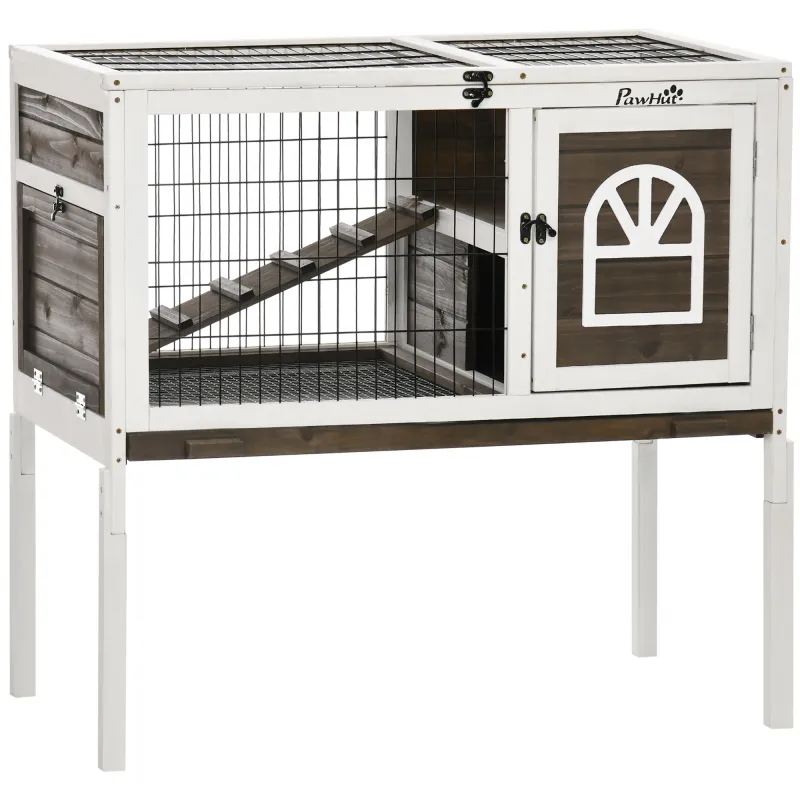 Wood Rabbit Hutch, Elevated Guinea Pig Cage with Run, Coffee
