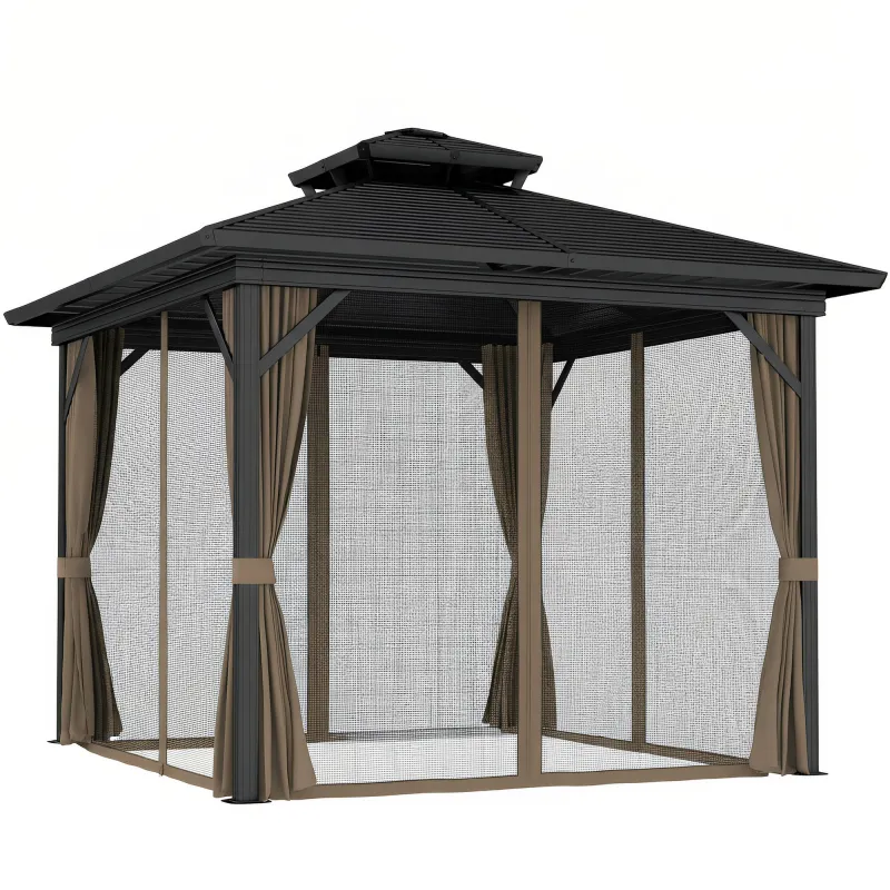 10' x 10' Hardtop Gazebo with Aluminum Frame, Metal Roof Gazebo Canopy w/ Hook, Curtains included, Dark Brown