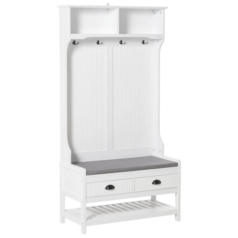 3-in-1 Hall Tree, Entryway Bench with Coat Rack, Mudroom Bench with Shoe Rack, 2 Storage Drawers, 4 Hooks and Padded Seat Cushions for Hallway, White