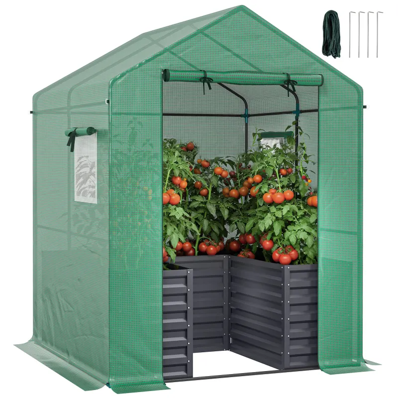 Greenhouse with Raised Garden Bed, Galvanized Steel Outdoor Greenhouse with Roll Up Door, 56" x 56" x 75", Dark Gray