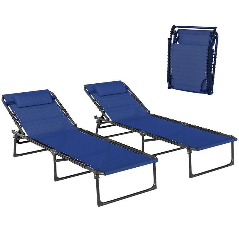 2 Folding Chaise Lounge Pool Chairs with 4-Position Reclining Back, Pillow, Breathable Mesh & Bungee Seat, Blue
