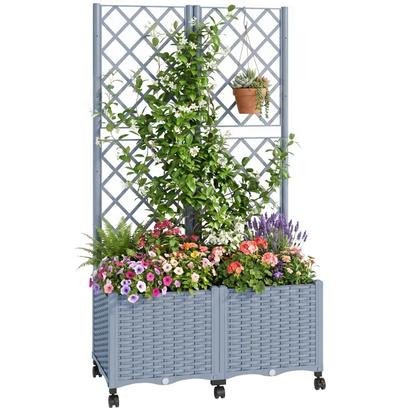 Planter Box with Trellis, Self Watering Raised Garden Bed with Lockable Wheels and Drainage Holes, Gray