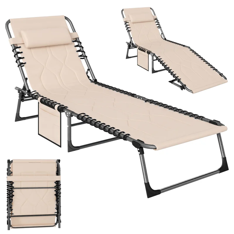 Padded Folding Chaise Lounge Chair, Outdoor 6-Level Reclining Camping Tanning Chair with Headrest for Beach, Yard, Patio, Pool, Beige