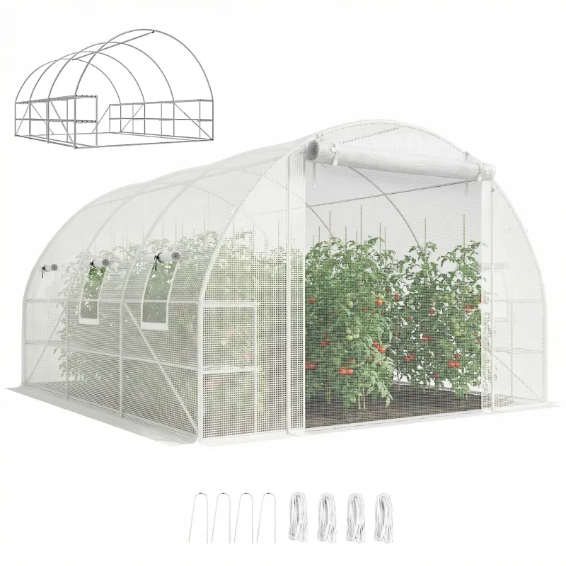 10'x11'x6' Walk-in Tunnel Greenhouse with Shelves, Mesh Door and Windows, Hoop House Greenhouse with PE Cover, White