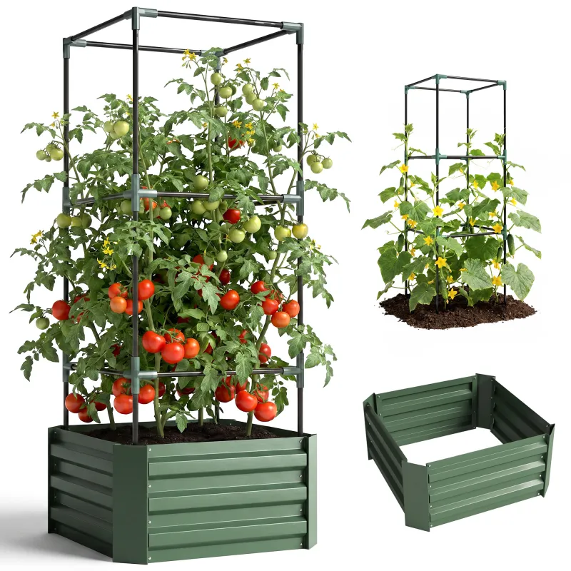 Galvanized Planter Box, 24" x 24" x 55" Raised Garden Bed with Tomato Cage for Climbing Vines, Green