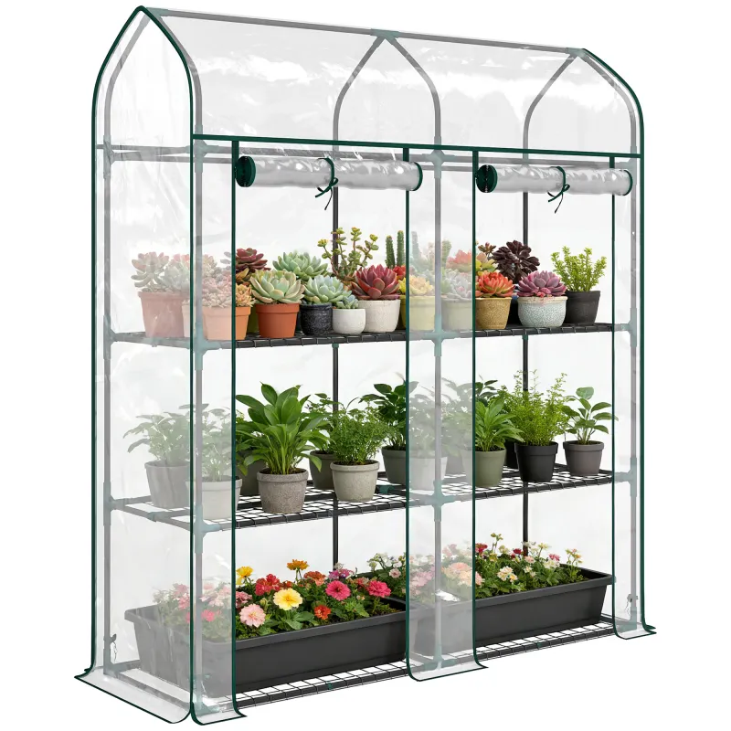 3 Tier Mini Greenhouse, Small Portable Greenhouse with 2 Roll-up Doors, 56.3" x 18.1" x 65", Clear