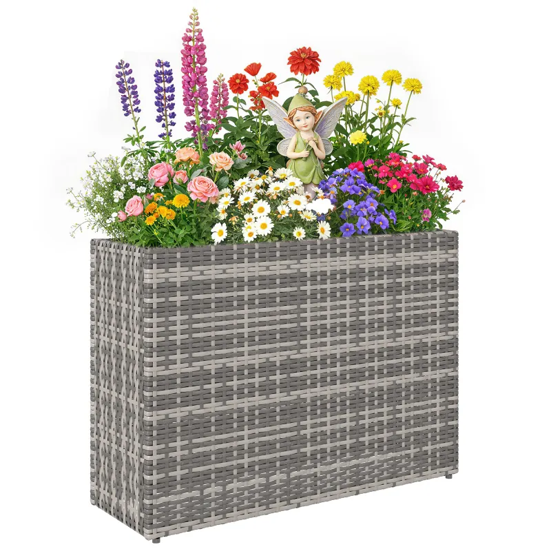Tall Rectangular Planter with Removable Liner, Holes, PE Wicker Large Planter Box for Indoor Outdoor Plants, Gray