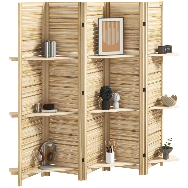 5 Panel 67" Tall Wood Privacy Screen Room Divider with 3 Shelves and Folding Storage for Bedroom, Natural Wood