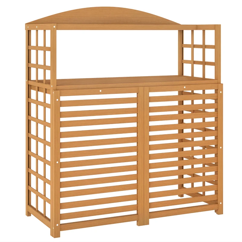 Outdoor Air Conditioner Fence Privacy Screen, Wood AC Fence Potting Table with Shelves for Patio, Light Brown
