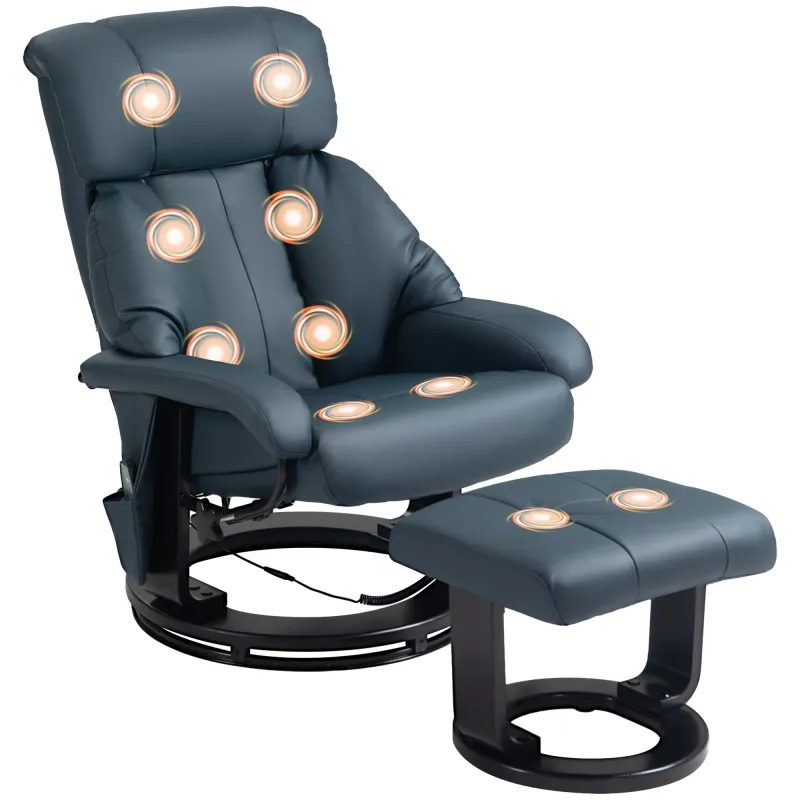 Massage Recliner Chair with Ottoman, 360° Swivel Recliner and Footstool, 10-Point Vibration, Blue