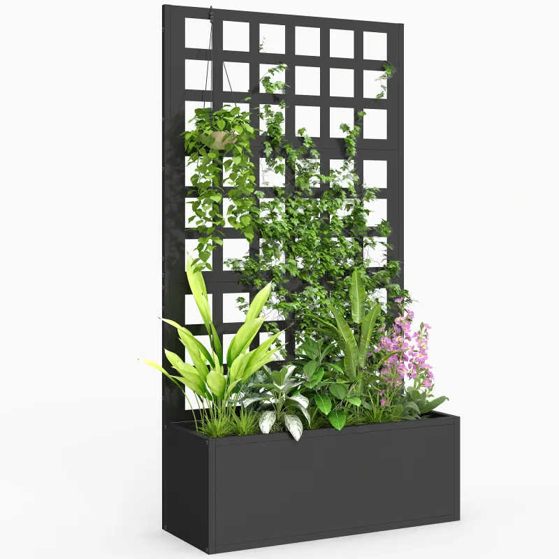 Galvanized Raised Garden Bed Planter Box with Trellis for Climbing Plants, Vegetable, Vines, 24" x 9" x 44.5", Black