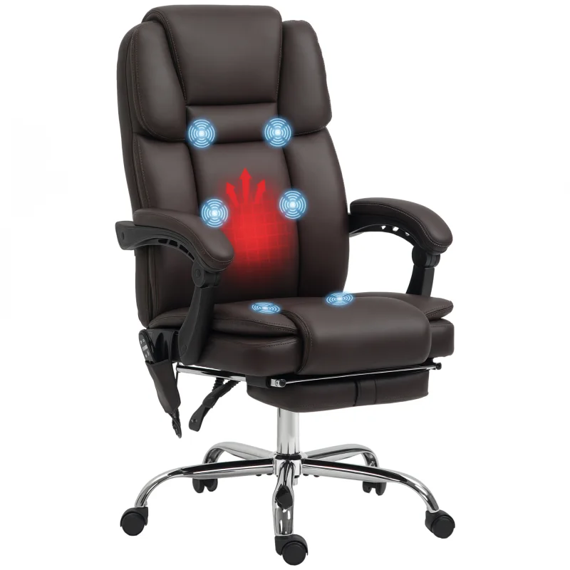 6 Point Vibration Massage Office Chair, PU Leather Reclining Computer Chair with Adjustable Height, Brwon