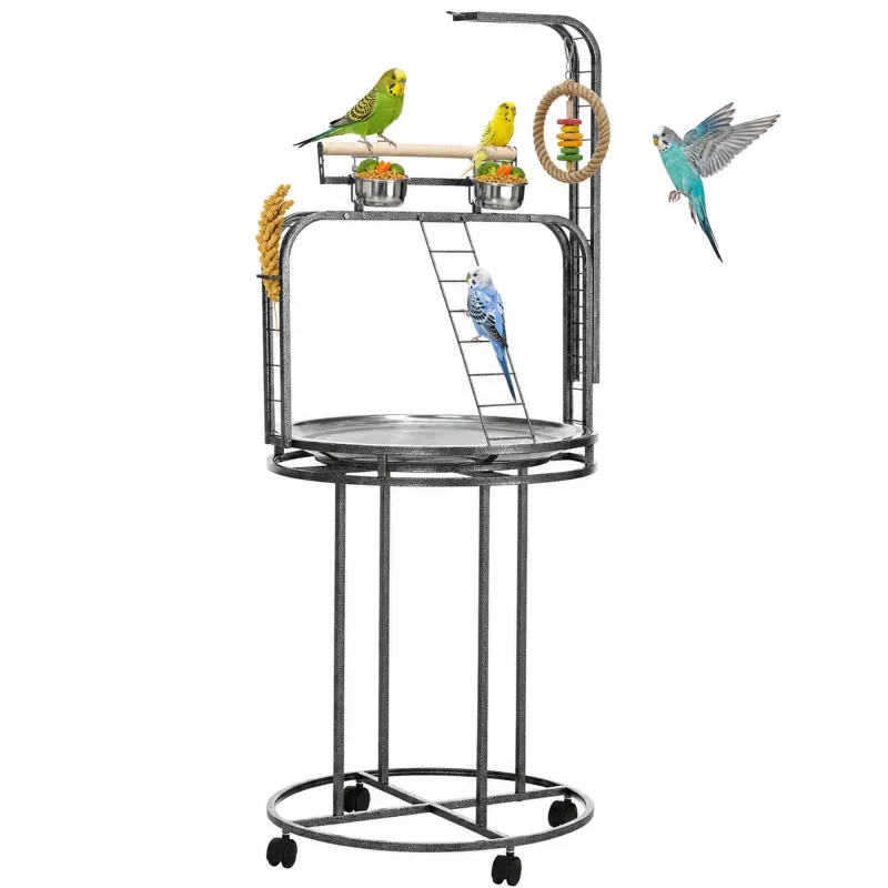 Parrot Stand Large Bird Perch Stand with Toy Hook & 3 Ladders, Parrot Perch, Bird Wooden Stand, Gray
