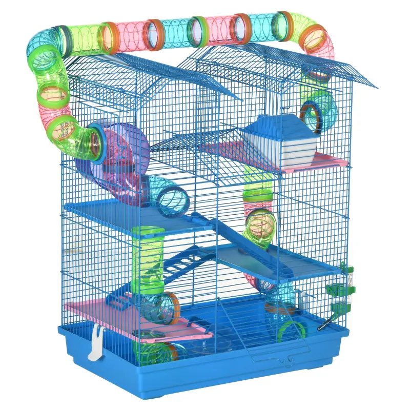 18.5" 5 Tier Hamster Cage with Tubes and Tunnels, Small Animal Cage, Rat Gerbil Cage with Water Bottle, Food Dish, Exercise Wheel, Blue