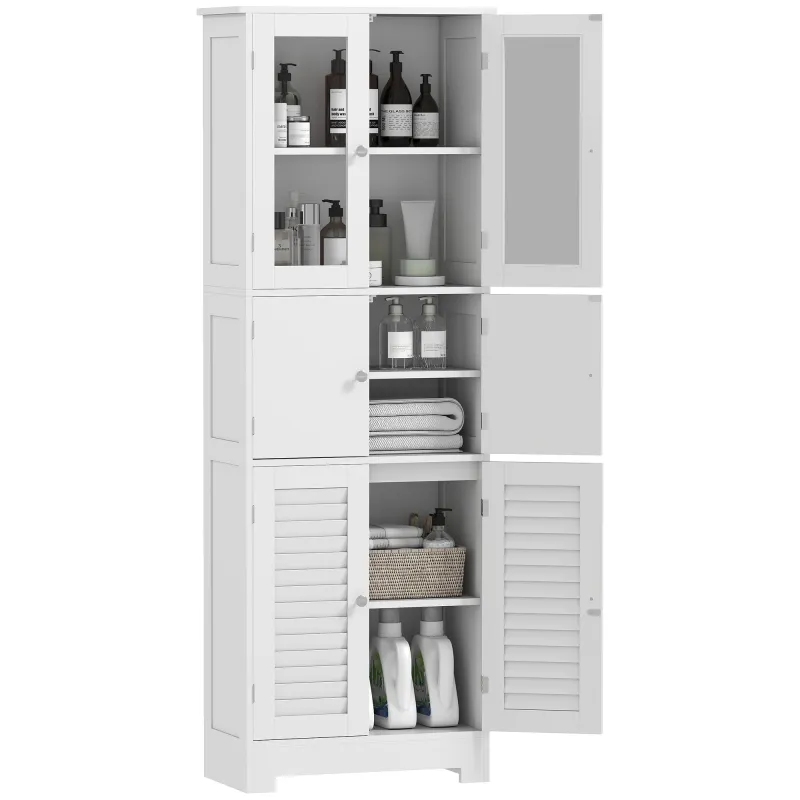 Freestanding Bathroom Cabinet with Glass/Louvred Doors, Tall Bathroom Storage Cabinet with Adjustable Shelf, White