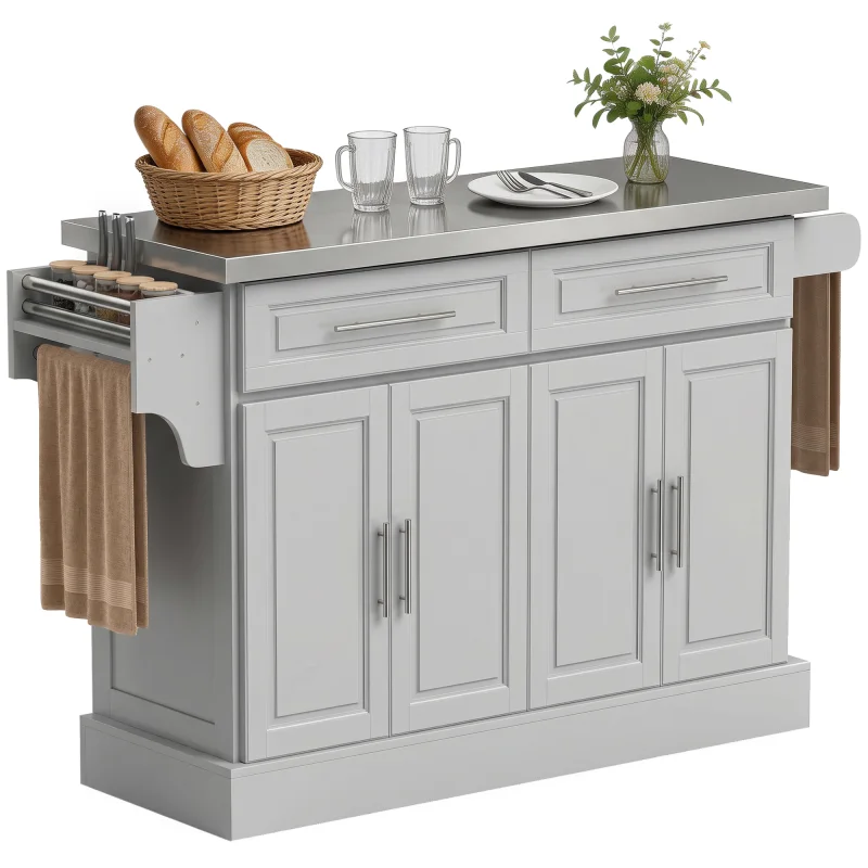 Rolling Kitchen Island Cart with 47" Stainless Steel Top, Portable Island Table for Kitchen with Wheels, Gray