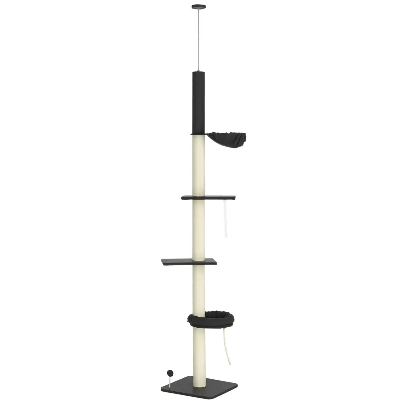 Floor To Ceiling Cat Tree, 5-Tier Cat Climbing Tower, 95''-106'' Height Adjustable with Carpeted Platforms, Cozy Bed