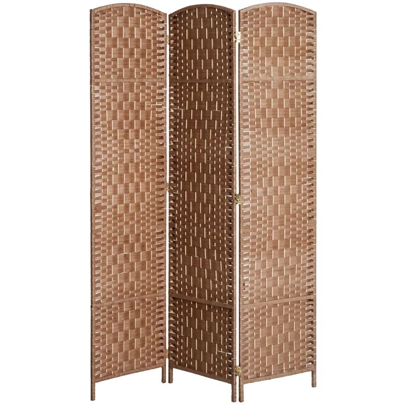 6' Tall Wicker Weave 3 Panel Room Divider Wall Divider, Natural Wood