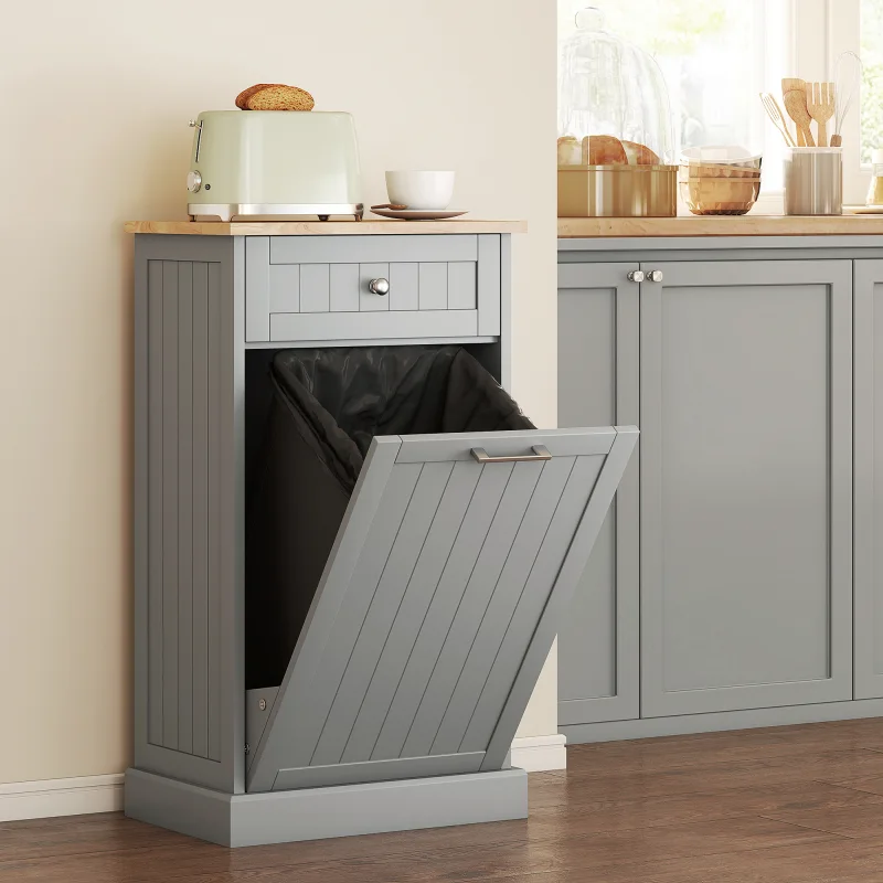 10 Gallon Tilt Out Trash Cabinet, Wooden Hidden Trash Can with Storage Drawer for Kitchen, Laundry Hamper Cabinet for Bathroom, Gray