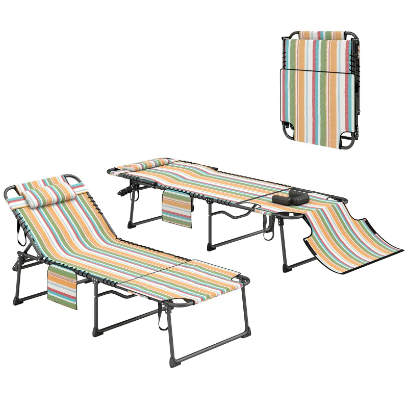 2 Piece Folding Chaise Lounge Pool Chairs with 5-level Reclining Back, Reading Hole, Side Pocket, Rainbow Striped