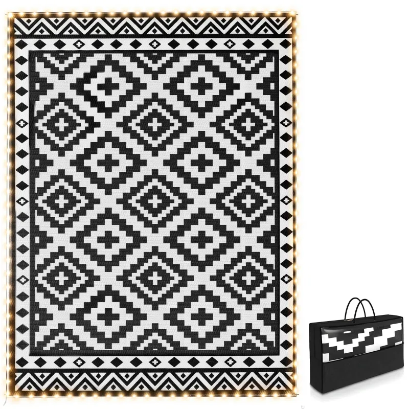 Outdoor Rug Carpet Reversible Plastic Straw Rug with LED Lights Black and White 12' x 9' for Patio