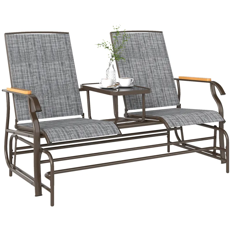 Outdoor 2-Person Glider Bench, Outside Glider Swing Chair Loveseat with Table, Steel Frame, Gray