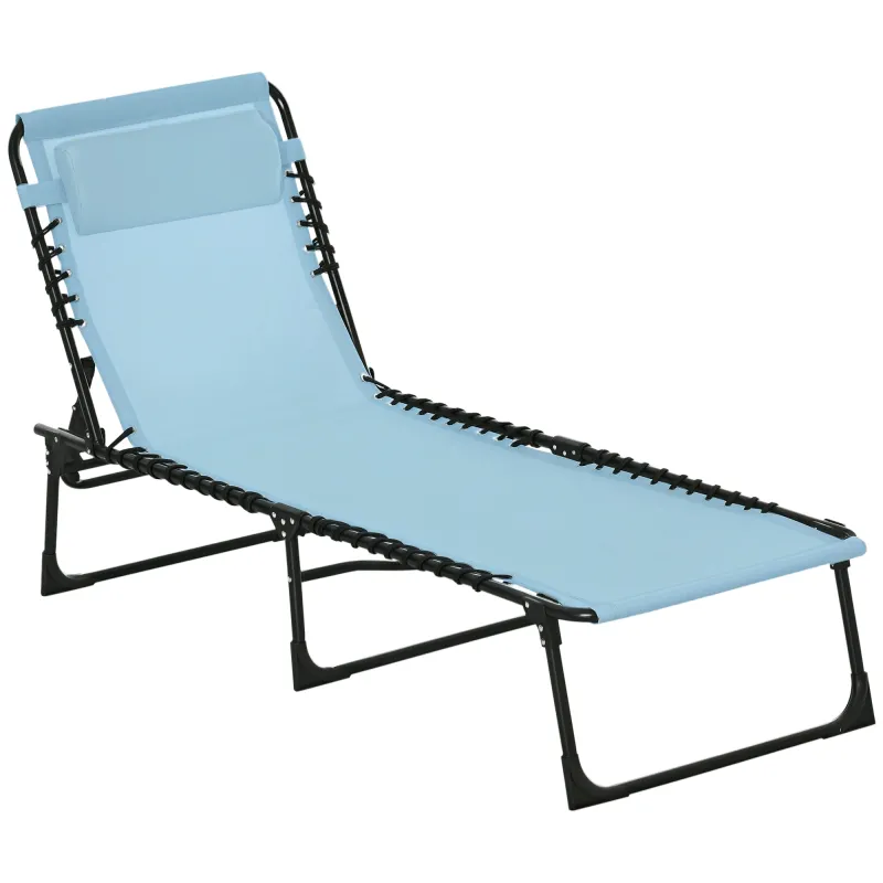 Folding Chaise Lounge Pool Chair with 4-Position Reclining Back, Pillow, Breathable Mesh & Bungee Seat, Baby Blue