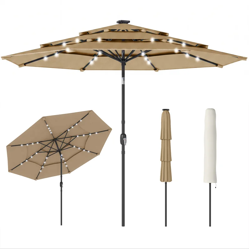 9.7 ft Outdoor Patio Umbrella with Solar LED Lights, 3 Tier Outdoor Table Umbrella with Tilt, Crank, Khaki