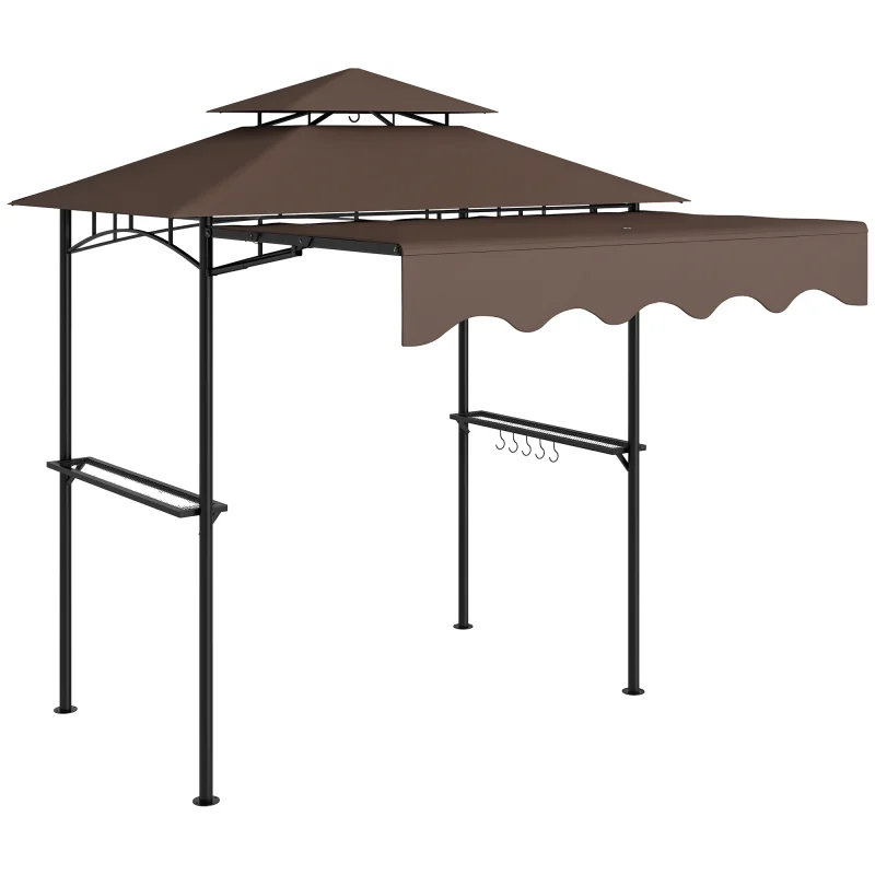 8' x 7.6' Outdoor Grill Gazebo, Barbecue Gazebo Shelter with Side Awning, 2 Side Shelves and 6 Hooks, Brown