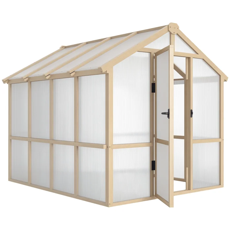 6.6 x 8 ft. Polycarbonate Greenhouse Wooden Walk-in Greenhouse Kit with Thickened Panels, Roof Vent, and Lockable Door