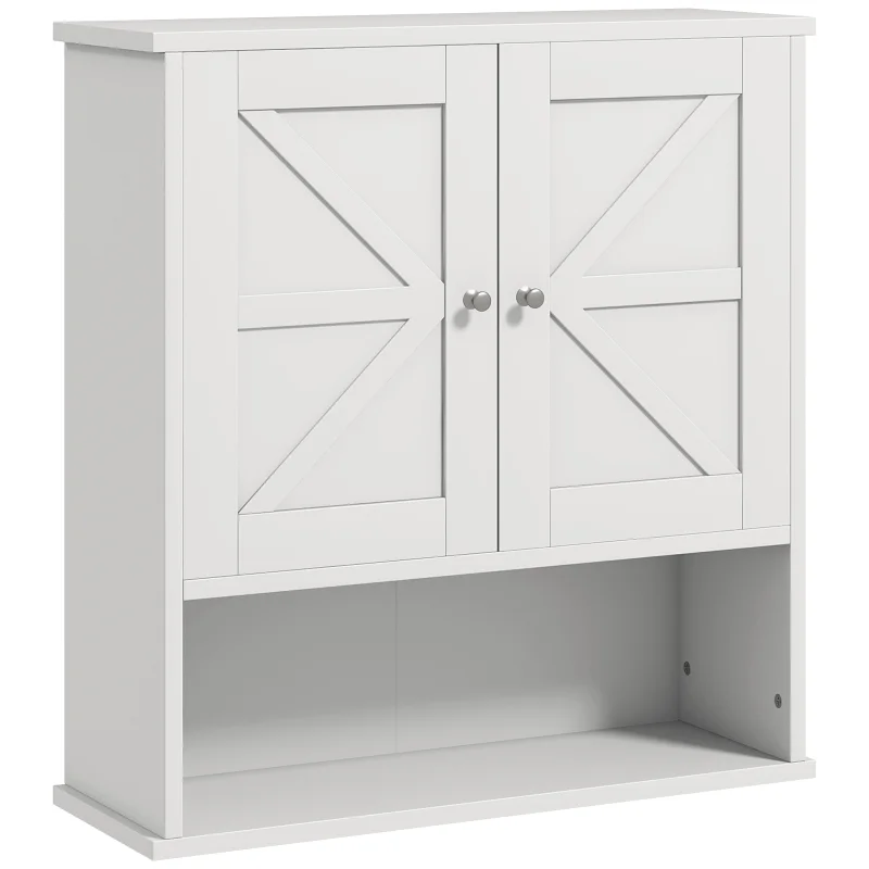 Farmhouse Bathroom Medicine Cabinet, Wall Cabinet with Barn Doors and Adjustable Shelf for Laundry Room, White