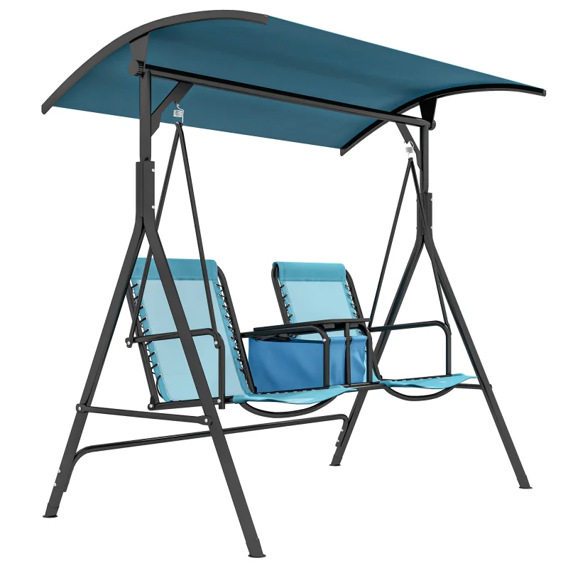 2 Person Porch Swing with Canopy, Storage Table, Cup Holder, Blue