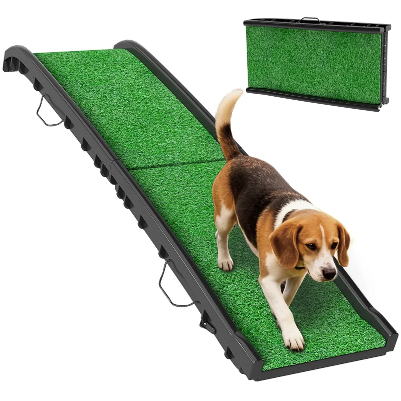 Folding Dog Ramp for Car, 61 Inches Portable Pet Ramp with Non Slip Grass Surface, Raised Side Rails