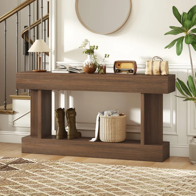 63 Inch Long Console Table, Vintage Narrow Entryway Table with Storage Shelf for Living Room and Hallway, Brown