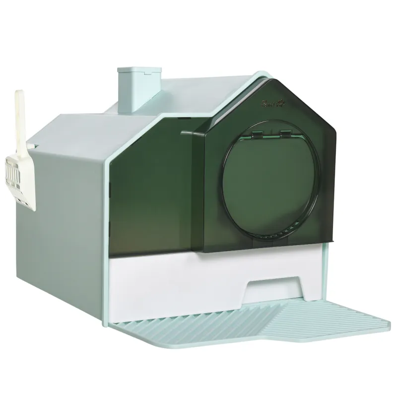 Hooded Cat Litter Box w/ Litter Mat, Litter Particle Catching, Light Blue