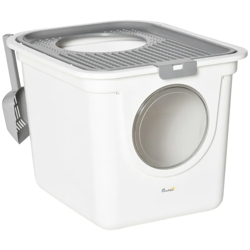Covered Cat Litter Box, Easy Cleaning Kitty Litter Box with Front Entrance, Top Exit, Scoop, for Odor Control, White
