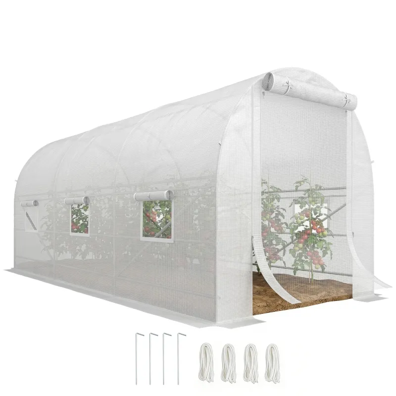 14.6' x 6.6' x 6.6' Walk-In Tunnel Greenhouse, Large Garden Hot House Kit with 6 Roll-up Windows & Roll Up Door, Steel Frame, White
