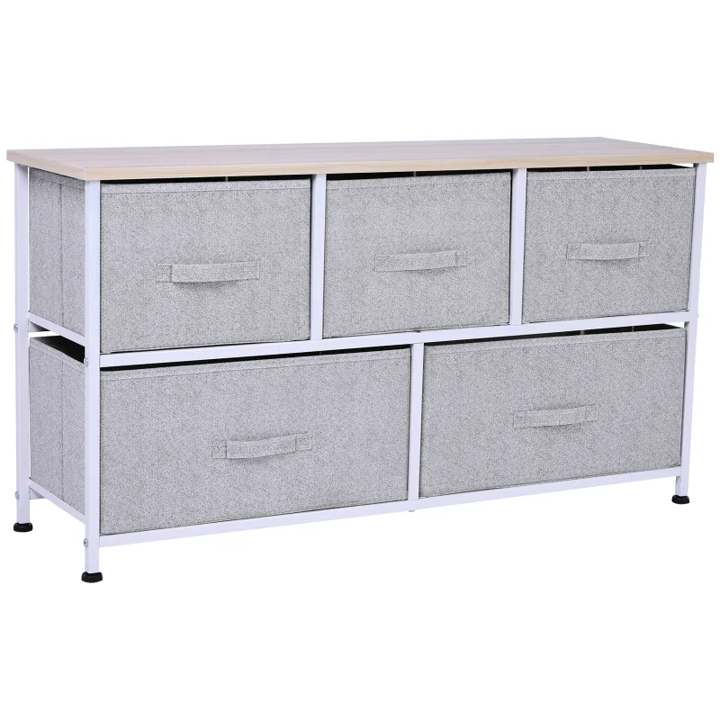40" L 5 Drawer Horizontal Storage Cube Dresser Unit Bedroom Organizer Living Room Shelf Tower with Fabric Bins, Light Gray