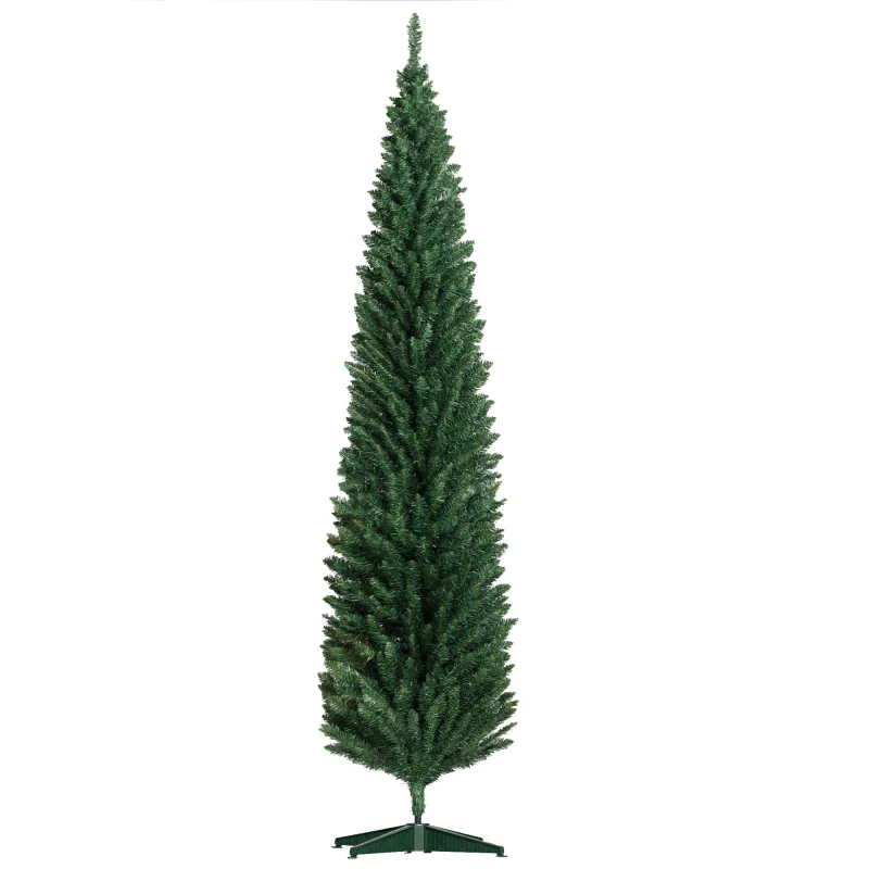 8ft Unlit Pencil Artificial Christmas Tree with Realistic Branches and 618 Tips, Plastic Base, Green
