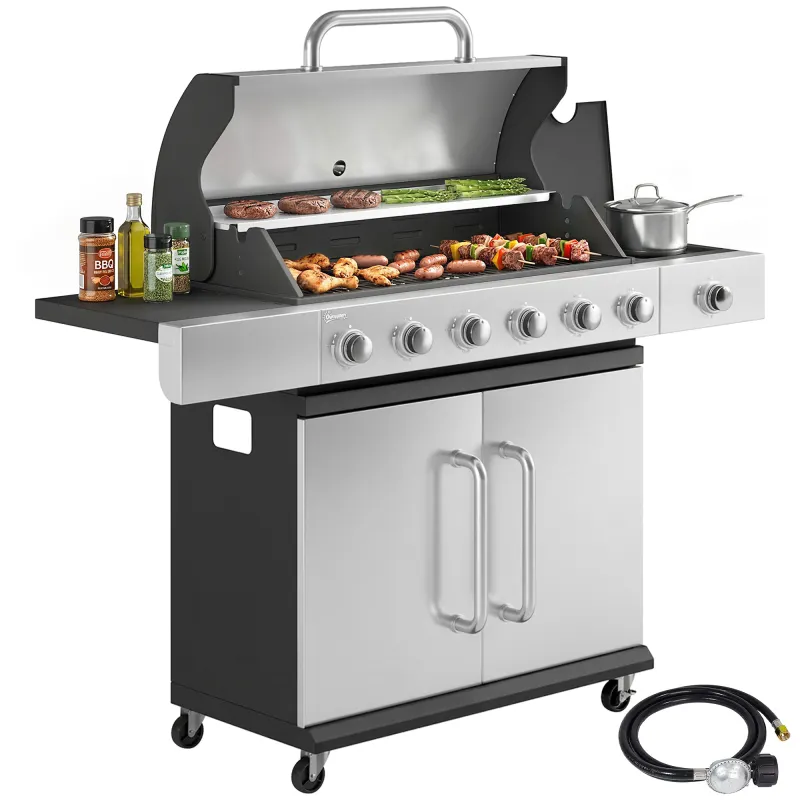 6 Burner Propane Gas Grill with Side Burner, Barbecue Grill with Cast Iron Grates, Wheels, Side Tables, Cabinet