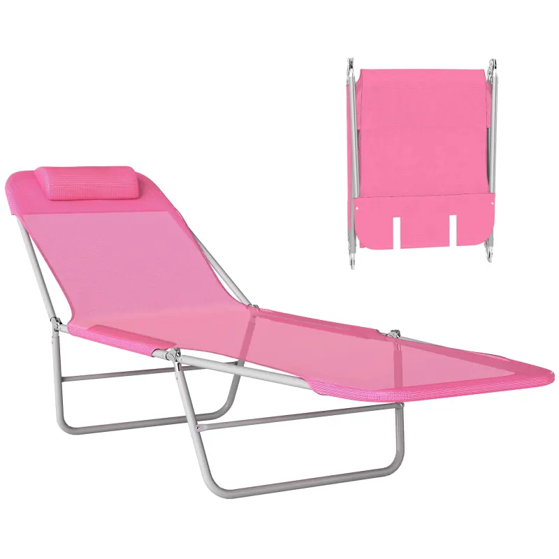 Folding Chaise Lounge Chair, Pool Sun Tanning Chair, Outdoor Lounge Chair with Reclining Back, Pink