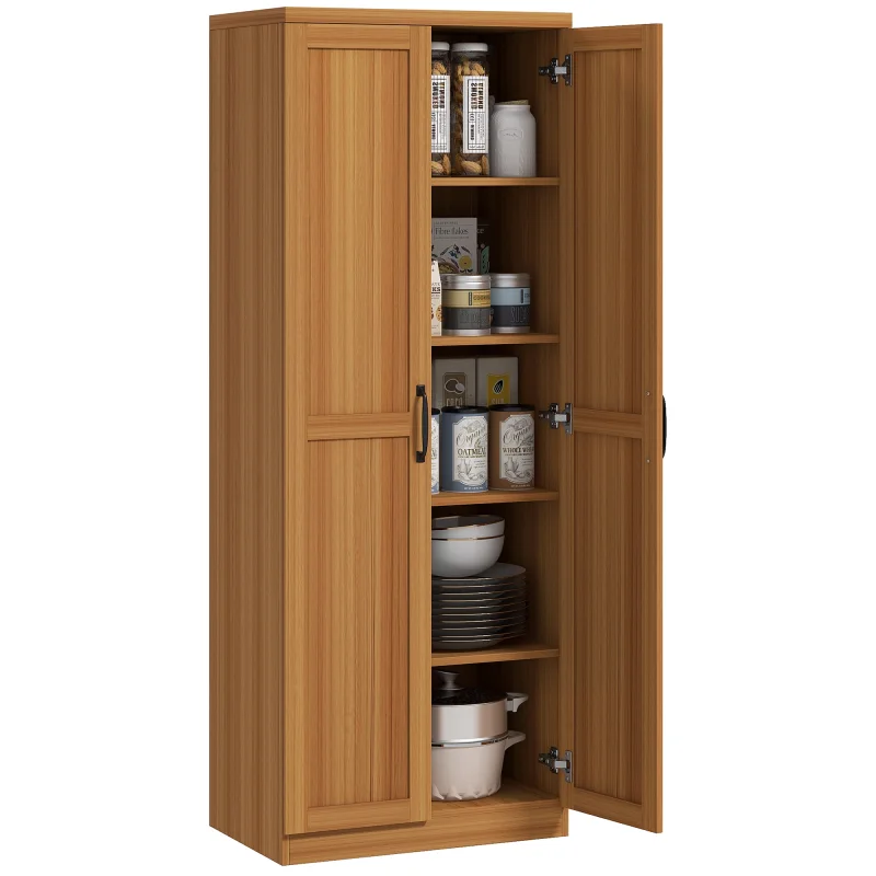63" 2-Door Kitchen Pantry, Freestanding Cabinet with 2 Adjustable Shelves for Dining Room, Cinnamon Teak Wood Grain