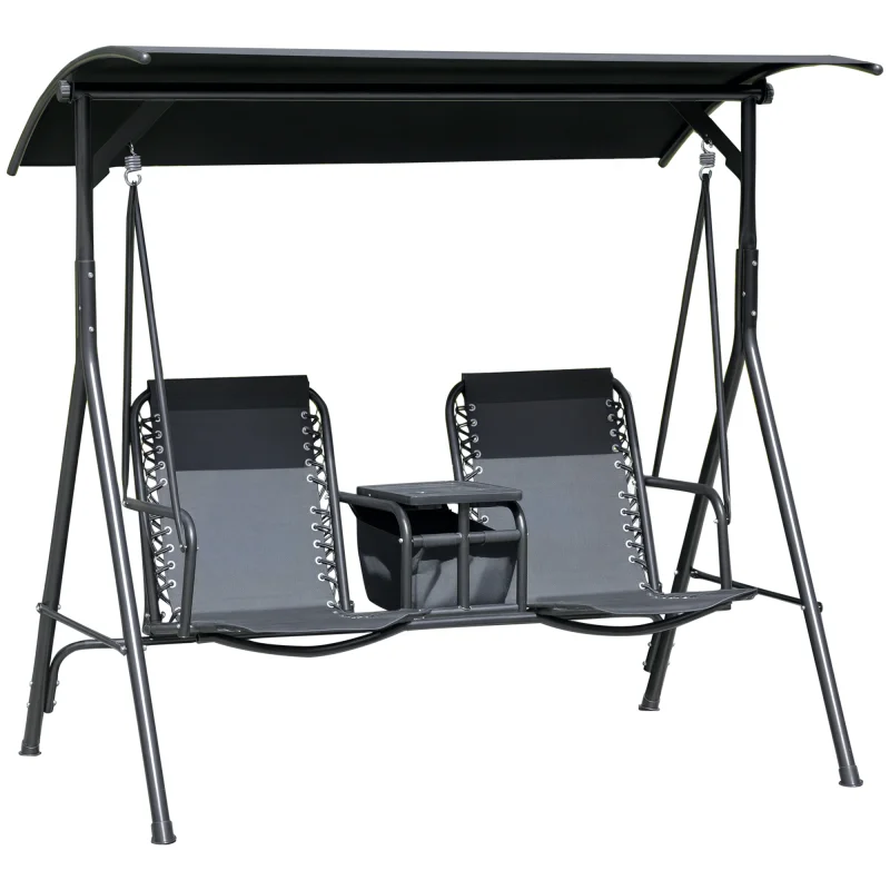 2 Person Porch Swing with Canopy, Storage Table, Cup Holder, Black