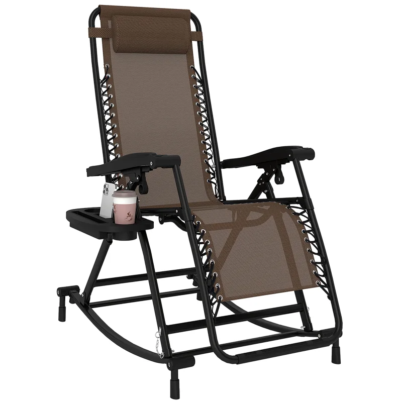 Outdoor Rocking Chairs, Foldable Reclining Zero Gravity Lounge Rocker with Pillow, Cup & Phone Holder, Combo Design with Folding Legs, Brown