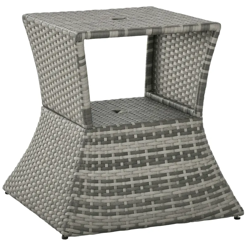 Outdoor Side Table with Umbrella Hole, 2 Tier Rattan Wicker End Table with Storage Shelf, All Weather