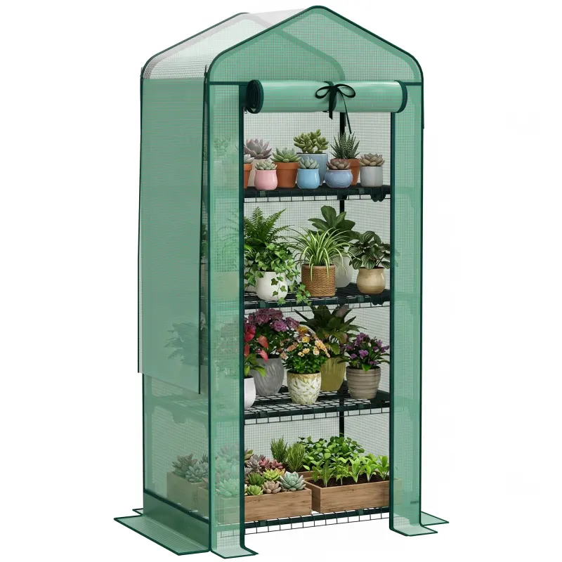 Mini Greenhouse with Screen Roof, 4 Tier Portable Small Greenhouse with High Strength PE Cover, Green