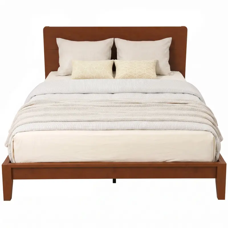 Queen Size Bamboo Platform Bed Frame with Headboard and 12 Poplar Slats, No Box Spring Needed, Easy Assembly, Brown